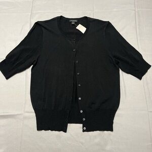 NWT Ann Taylor Black Short Sleeve Crewneck Button Front Cardigan Sweater